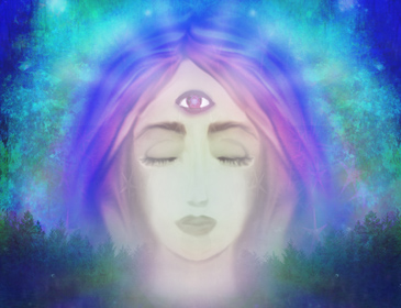 Illustration of a beautiful psychic woman with a third eye in the center of her forehead.